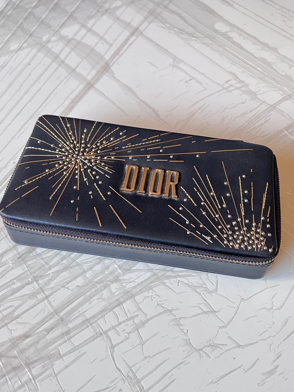 Dior Navy Leather Zip-Around Wallet with Gold Starburst Accents